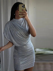 Hnewly Chic Sequin Solid Dress Women Sexy O-neck Sleeveless Pleated Waist-cinched Empire Dresses Elegant Party Spring Lady Gown