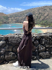 Hnewly French Vintage V-neck Midi Dress Female Casual Beach Style Clothing Summer Retro Elegant One Piece Dress Korean Fashion Chic