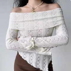 Hnewly y2k Lace Top Women Coquette Clothing See Through Off Shoulder Long Sleeve T Shirt 2000s Fairycore Clothes Streetwear