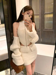 Hnewly Elegant Knitted Clothing 3 Piece Set Casual Short Cardigan + Slim Vest + Sexy Y2k Mini Skirt Korean Fashion Suit Winter