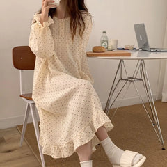 Hnewly Women Sweet Lace Cotton Long Sleeve Nightgowns Female Spring Autumn Loose Korean Style Home Girls Cute Top Pants Loungewear