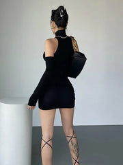 Hnewly DRESS TO IMPRESS Sexy Mini Dress Women's Oversleeve Pleated Bodycon Dress High Neck Autumn Black Shinny Elastic Party Tank Hip Wrap Dresses Club
