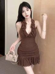 Hnewly Woman Dress Sleeveless Halter Sexy Elegant Ruffles Patchwork Backless Slim Party Mini Dresses Female Fashion Club