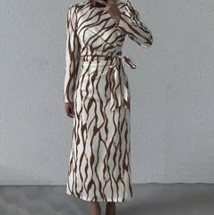 Hnewly Women's Autumn Round Neck Graffiti Long Sleeve Maxi Dress, Striped Printed Pattern Lace Up Elegant Long Dress