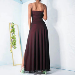 Hnewly Dark Red Spaghetti Straps Tulle Mermaid Prom Gown Sexy High Side Slit Cocktail Party Floor Length Evening Dress