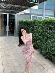 Hnewly Woman Dress Floral Printed Sleeveless V Neck Halter Slim Vintage Split Temperament Party Dresses French Style Chic