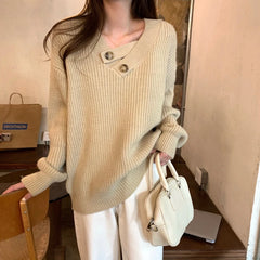Hnewly V-neck Knit Pullover Women Slouchy Long Sleeve Drop Shoulder Sweater with Buttoned Strap Cozy Knitwear Autumn Winter Chic Outfit