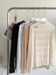 Hnewly Women T-Shirts Vintage Pleat Long SleeveTop Spring Autumn Mesh Fabric Lace Half Turtleneck Korean Fashion All-match Shirt