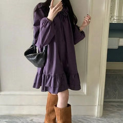 Hnewly Purple Woman Dresses Solid Flowers Korean Fashion Elegant Vestidos Mujer Spring Autumn Retro Simple Mini Dress