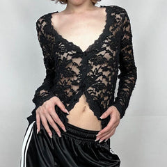 Hnewly Sexy Black Lace Crop Top Solid Transparent Button-up T-shirt Smock Women Full Sleeve V-neck Club Tees Shirts Y2k Vintage