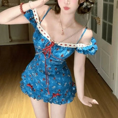 Hnewly Floral Print Women's Dresses Short Sleeve Dress Holiday Beach Ropa Mujer Sweet Mini Vestidos Fashion Y2k Roupas Feminina