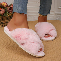 Hnewly Faux Fur Corss Band Fuzzy Slippers Women Winter Warm Plush Indoor Fluffy Shoes Woman Soft Sole Open Toe Home Cotton Slippers