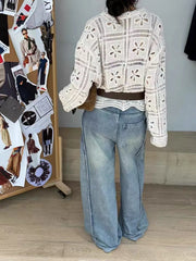 Hnewly Embellished Crochet Cardigan for Women Long Sleeves Button-up Polo Collar Openwork Knitted Jacket Boho Chic Vacation Outfit