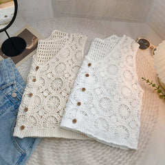 Hnewly Women Summer Hollow Out Knit Vest French Style V-Neck Sleeveless Hooked Flower Sweater 2023 New All-Match Outwear Short Top