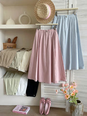 Hnewly Korean style Women Spring Summer Cotton Skirts Solid Casual Elastic Waist Preppy Style Elegant A-Line Midi Pleated Skirt