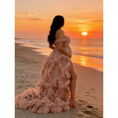 Hnewly Elegant Off Shoulder Tulle Maternity Dress - Puffy Ruffles, Long Robe, Perfect for Photoshoot & Baby Shower