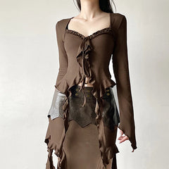 Hnewly 2025 spring fashion trend y2k Fairy Grunge Top Women Clothes Solid Color V Neck Flared Long Sleeve Ruffle Asymmetrical Hem T Shirt Streetwear