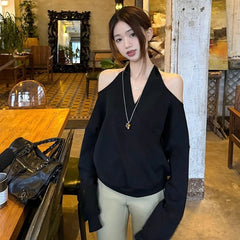 Hnewly Casual Off Shoulder Sweatshirts Women Sexy Korean Style Loose Pullovers Harajuku Y2k Fashion Long Sleeve Sweatshirts