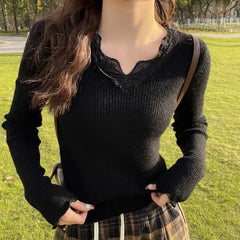 Hnewly Gentle Sweater Women Lace V-neck Basic Knitted Pullovers Comfortable All-match Streetwear Spring Fall Fashion Soft Design Sweet