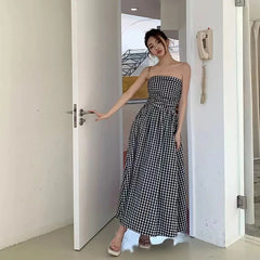 Hnewly Vintage Plaid Dress Women Summer Korean Elegant Tube Top All-Match Midi Dress Y2K Folds Off Shoulder Holiday Beach Vestidos