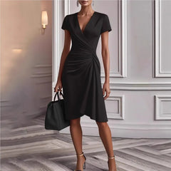 Lunivop Women's Chic Ruched Wrap V Neck Midi Dress Long Sleeve Asymmetric Hem Formal Gown for Elegant Office Work Commute