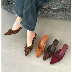 Hnewly Women Baotou High Heel Half Slippers French Bow Sexy Commuter Pointed Shallow Mouler Shoes Stripper Mules Shoes High Heel Shoes