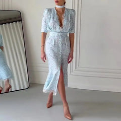 Lunivop Chic Lace Trimmed Printed Dress Women Elegant Deep V-neck Waist Cinching Split Short Sleeve Maxi Dress Lady Party Vestidos