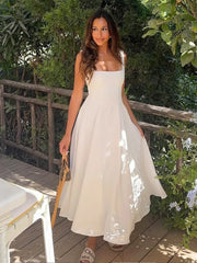 Hnewly Elegant Square Collar White Long Dress 2025 New Summer A-line Sleeveless Tank's Dress Fashion Vacation Party Wedding Women Dress