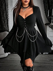 Hnewly New Dark Gothic Sexy Heart-Shaped Deep V-Neck Long-Sleeve Dress Holiday Retro Plus Size Irregular Hem Mini Dress Party Elegant