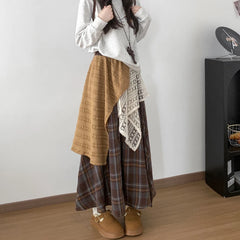 Hnewly Design Irregular Lace Patchwork Plaid Skirts Women Fashion High Waist Pleated Long Skirt Woman Chic Umbrella Skirt Female
