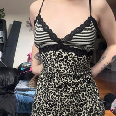 Hnewly Retro Leopard y2k Cropped Top Vintage 2000s Lace Patchwork V Neck Striped Print Spaghetti Strap Tops Harajuku Women Tees