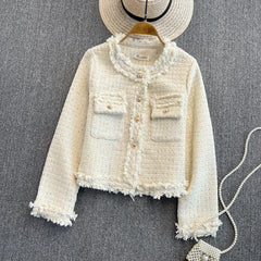 Hnewly Woven Tweed Jacket Women Autumn Winter New Slim O-neck Single Breasted Coat Elegant Raw Edge Tassel Long Sleeve Blazer