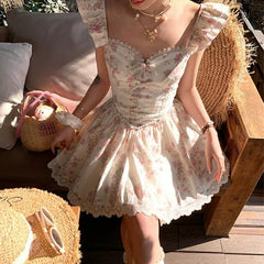 Lunivop French Style Floral Print Mini Summer Dress Women Flying Sleeves V Neck Lace Spliced A-line Dresses Party Robe Vestidos
