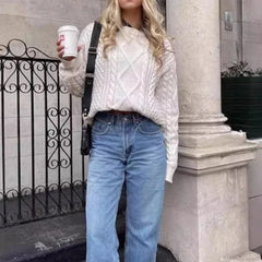 Hnewly Vintage Women Knitted Pullovers Elegant Casual Oversize Long Sleeve Sweaters Autumn Winter Solid Lady Sweaters Street