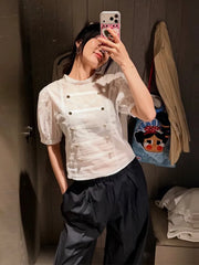 Hnewly Chic Pullover Women's Shirts Short Puff Sleeve O-Neck Buttons Solid Blouse Summer Autumn Fashion Female All-Match Top