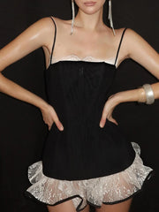 Hnewly Y2K Sexy Sweet Style Mini Dress Women Square Collar Contrast Mesh Patchwork Ruched Hem Birthday Party Fashion Outfits