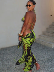 Hnewly Beach Vacation Women 3Piece Set Mesh Thin Sexy Y2K Print Halter Bra+Thong+Wrapped Maxi Split Skirts Matching Swimsuit