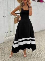 Hnewly Summer Women's Color Block Sleeveless U-Neck Cross Back Black White Long Dress Fashionable Casual Maxi Gown
