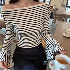 Hnewly y2k Knit Top Women Clothes Elegant Striped Off Shoulder Flared Long Sleeve T Shirt 2000s Aesthetic Clothing Streetwear