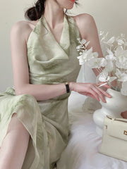 Hnewly Vintage Sexy Sleeveless Neck-mounted Party Maxi Dresses for Women Halter Spaghetti Strap Folds Midi Dress Elegant Fashion Summer