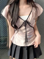 Hnewly Fashion Sweet Patchwork Women T-Shirts Y2k Bow Bandage Korean Style V-Neck Slim Fit Blouses