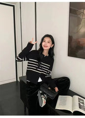 Hnewly Striped Cardigan Sweater Women Long Sleeve O-neck Button-down Striped Knit Jacket Cardi Teen-girl Fall Winter Casual Outfit