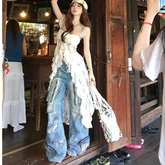 Hnewly American Vintage Lace Strap Vest Women Summer Sleeveless T-shirts 2000s Retro Clothing Harajuku Korean Tees Design Y2k Crop Top