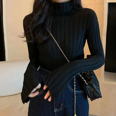 Hnewly Ribbed Sweater Women Clothes Solid Color Turtleneck Lettuce Trim Long Sleeve Pullover Winter Fall Clothing Streetwear