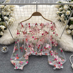 Hnewly Women Summer Lace Shirt Elegant Off Shoulder Mesh Embroidered Perspective Shirt Loose Puff Long Sleeves Crop All-Matched Top