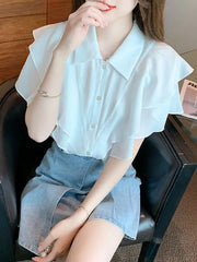 Hnewly Chiffon Lantern Sleeve Shirts Women Loose Fit Lightweight Ruffled Hem Perfect for Beach Picnics or Romantic Candlelight Dinners