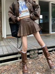 Hnewly Vintage Y2k Leather Skirt Women Sexy Punk Pleated Skirt Brown Retro High Waist Fashion Streetwear A-line Mini Skirts