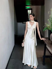 Hnewly Elegant Satin V Neck Dress Women Y2K Korean Chic Ribbon Slim Midi Dress Summer Sexy Hollow Out Folds Sleeveless Vestidos Mujer