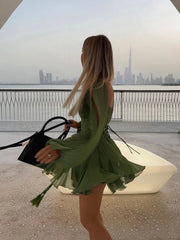 Hnewly Irregular Mesh Split Long Sleeve Dress Sexy Green Lace Up Pleated Hem High Waist Vestido Summer Lady Vacation Beach Gowns