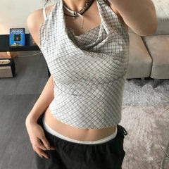 Hnewly Summer Retro Plaid Print Halter Tank Top y2k Aesthetic Sleeveless Lace-up Backless Cropped Tops Women Vintage 2000s Vest